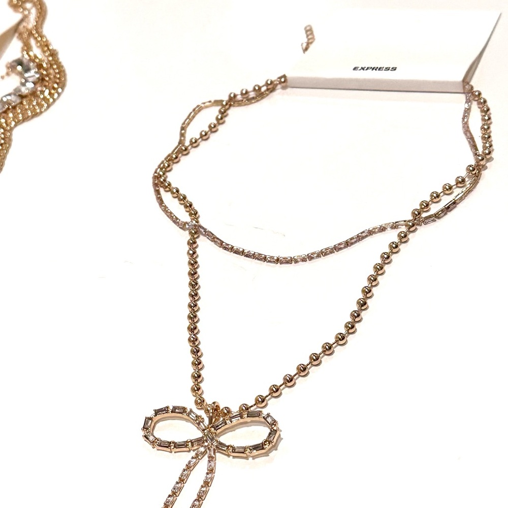 EXPRESS Gold & Baguette Rhinestone/Crystal Bow Layered Necklace NWT - Picture 12 of 14